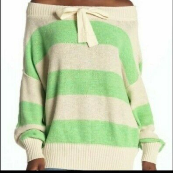 FREE PEOPLE Women’s “Cassidy” Green & White Striped Off Shoulder Tie Pullover XS - Picture 1 of 10